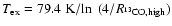 $T_{{\rm ex}}=79.4~{\rm K}/\!\ln~{(4/R_{^{13}{\rm CO,high}})}$