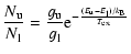 $\displaystyle \frac{N_{\rm u}}{N_{\rm l}}=\frac{g_{\rm u}}{g_{\rm l}}{\rm e}^{-\frac{(E_{\rm u}-E_{\rm l})/k_{\rm B}}{T_{\rm ex}}}$