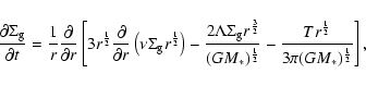 \begin{displaymath}
\frac{\partial \Sigma_{\rm g}}{\partial t} = \frac{1}{r}
\fr...
...- \frac{T r^\frac{1}{2}}{3\pi
(GM_\ast)^\frac{1}{2}} \right] ,
\end{displaymath}
