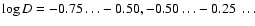 $\log D = -0.75 \dots -0.50, -0.50
\dots -0.25~\dots$
