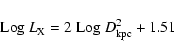 \begin{displaymath}{\rm Log}~ L_{\rm X} = 2 ~{\rm Log} ~D^2_{\rm kpc} + 1.51
\end{displaymath}
