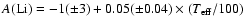 $A{\rm (Li)} = -1(\pm 3)+0.05(\pm 0.04)\times(T_{\rm eff}/100)$