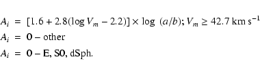\begin{eqnarray*}A_{i}&=&[1.6+2.8(\log V_{m}-2.2)] \times \log~(a/b); V_{m} \geq...
...\
A_{i}&=& 0 - {\rm other}\\
A_{i}&=& 0 - { \rm E, S0, dSph}.
\end{eqnarray*}