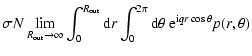 $\displaystyle \sigma N \lim_{R_{\rm out} \rightarrow \infty} \int_0^{R_{\rm out...
...}r \int_0^{2 \pi} {\rm d}\theta ~ {\rm e}^{{\rm i} q r \cos \theta} p(r,\theta)$