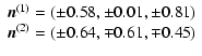$\displaystyle %
\begin{array}{l}
{\vec{n}}^{\left( 1 \right)} = \left( { \pm 0....
...ft( 2 \right)} = \left( { \pm 0.64, \mp 0.61, \mp 0.45} \right) \\
\end{array}$