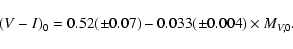 \begin{displaymath}(V-I)_{\rm0}=0.52 (\pm 0.07) - 0.033 (\pm 0.004) \times M_{V,\rm0}.
\end{displaymath}