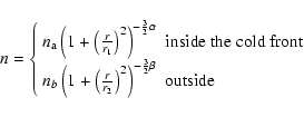 \begin{displaymath}%
n=\left\{\begin{array}{ll}
n_{\rm a}\left(1+\left(\frac{r}{...
...\right)^{-\frac{3}{2}\beta} & \rm {outside} \end{array}\right.
\end{displaymath}