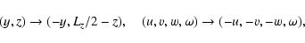 \begin{displaymath}
(y,z)\rightarrow(-y,L_z/2-z),\quad (u,v,w,\omega)\rightarrow(-u,-v,-w,\omega),
\end{displaymath}