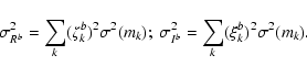 \begin{displaymath}\sigma^2_{R^b} = \sum_{k}(\zeta^{b}_k)^2\sigma^2(m_k);~ \sigma^2_{I^b} = \sum_{k} (\xi^{b}_k)^2\sigma^2(m_k).
\end{displaymath}