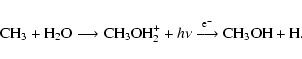 \begin{displaymath}{\rm CH}_3 + {\rm H}_2{\rm O} \longrightarrow {\rm CH_3OH}_2^...
...krel{{\rm e}^-}{\longrightarrow} {\rm CH}_3{\rm OH} + {\rm H}.
\end{displaymath}