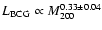 $L_{\rm BCG} \propto M_{200}^{0.33\pm 0.04}$