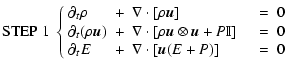 $\displaystyle {\rm STEP \ 1 \;} \left\{
\begin{array}{lclclcl}
\partial_t \rho ...
... \\
\partial_t E &+& \nabla \cdot [\vec{ u}(E+P)] & &&= & 0
\end{array}\right.$