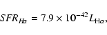 \begin{displaymath}{\it SFR}_{H {\sc \!\alpha}} = 7.9 \times 10^{-42} {L}_{\rm H\alpha},
\end{displaymath}