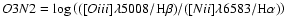 $O3N2 = {\rm log}\left(([O {\sc iii}]\lambda5008/{\rm H}\beta)/([N {\sc ii}]\lambda6583/{\rm H}\alpha) \right)$