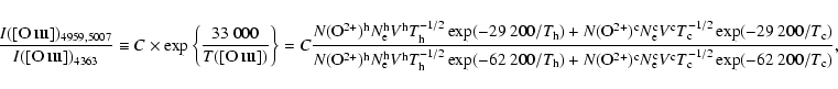 \begin{displaymath}\frac{I([\hbox{O {\sc iii}}])_{4959,5007}}{I([\hbox{O {\sc ii...
...}^{\rm c}V^{\rm c}
T_{\rm c}^{-1/2}\exp(-62~200/T_{\rm c})} ,
\end{displaymath}