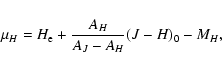 \begin{displaymath}%
\mu_H = H_{\rm e} + \frac{A_{H}}{A_J-A_{H}}(J-H)_0 - M_H,
\end{displaymath}