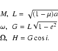 \begin{displaymath}\begin{array}{ll}
\dy M , & L=\sqrt{(1-\mu)a}\\ [\jot]
\dy \o...
... G=L\sqrt{1-e^2}\\ [\jot]
\dy \Omega , & H=G\cos i.
\end{array}\end{displaymath}