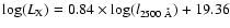 $\log(L_{\rm X}) = 0.84 \times \log(l_{\rm 2500~ \AA})+ 19.36$
