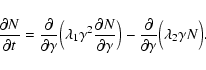 \begin{displaymath}%
\frac{\partial N}{\partial t} = \frac{\partial}{\partial \g...
...\frac{\partial} {\partial \gamma}\Big(\lambda_2 \gamma N\Big).
\end{displaymath}