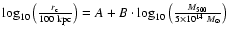 $ \log_{10}\left({r_{\rm c}
\over 100~{\rm kpc}}\right) = A
+ B\cdot \log_{10} \left({M_{500} \over 5\times 10^{14}~{M_{\odot}}}\right)$