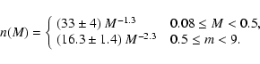 \begin{displaymath}n(M) = \left\{ \begin{array}{lcl}
(33\pm4) \ M^{-1.3} & & 0....
...3\pm1.4) \ M^{-2.3} & &
0.5 \leq m < 9.
\end{array} \right.
\end{displaymath}