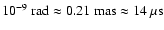 $10^{-9}~{\rm rad} \approx 0.21~{\rm mas} \approx 14~\mu {\rm s}$