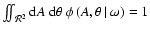 $\int\!\!\!\int _{~{\cal R} ^2}{\rm d}A~{\rm d}\theta~\phi\left( A,\theta\left\vert\right.\omega\right) = 1$