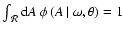 $\int _{~\cal{R}} {\rm d}A~\phi\left( A\left\vert\right.\omega ,\theta\right) = 1$
