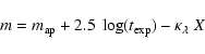 \begin{displaymath}m=m_{\rm ap}+2.5~ \log(t_{\rm exp})-\kappa_{\lambda }~ X ~
\end{displaymath}