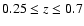 $0.25\leq z\leq 0.7$
