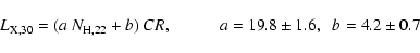 \begin{displaymath}L_{\rm X, 30}=(a~N_{\rm H, 22}+b)~CR,\hspace{1cm}a=19.8\pm1.6,\hspace{2mm}b=4.2\pm0.7
\end{displaymath}
