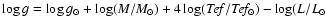 $\log g = \log g_{\odot} +
\log (M/M_{\odot}) + 4 \log (T\!e\!f/T\!e\!f_{\odot}) -\log
(L/L_{\odot}$