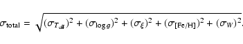\begin{displaymath}\sigma_{\rm total} = \sqrt{(\sigma_{{T_{\rm eff}}})^2 + (\sig...
...\sigma_{\xi})^2 + (\sigma_{[{\rm Fe/H}]})^2 + (\sigma_{W})^2}.
\end{displaymath}