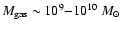 $M_{\rm gas}\sim10^9{-}10^{10}~M_{\odot}$