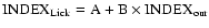 ${\rm INDEX}_{\rm Lick} = {\rm A + B}\times {\rm INDEX}_{\rm our}$