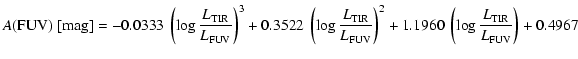 $\displaystyle A\mbox{(FUV) [mag]} = -0.0333~\left(\log \frac{L_{\rm TIR}}{L_{\r...
...V}}\right)^2
+1.1960~\left(\log\frac{L_{\rm TIR}}{L_{\rm FUV}}\right)+0.4967 \;$