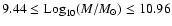 $9.44 \leq {\rm Log}_{10}(M/M_{\odot}) \leq 10.96$