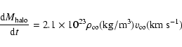 \begin{displaymath}\frac{{\rm d}M_{\rm halo}}{{\rm d}t}=2.1\times 10^{23}\rho _\infty ({\rm kg/m^3})
v_\infty ({\rm km~s^{-1}})
\end{displaymath}