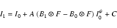 \begin{displaymath}I_1 = I_0 + A ~ (B_1\otimes F - B_0\otimes F) ~ I_0^{\psi} + C
\end{displaymath}