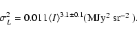 \begin{displaymath}
\sigma_L^2 = 0.011 \langle I\rangle^{3.1\pm0.1} \mbox{(MJy$^2$\space sr$^{-2}$ )}.
\end{displaymath}