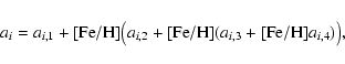 \begin{displaymath}a_i=a_{i,1}+{\rm [Fe/H]}{\big(}a_{i,2}+{\rm [Fe/H]}(a_{i,3}+{\rm [Fe/H]}a_{i,4}){\big)},
\end{displaymath}