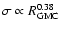 $\sigma \propto
R_{{\rm GMC}}^{0.38}$