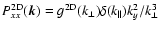 $P_{xx}^{\rm 2D} (\vec{k}) = g^{\rm 2D}(k_{\perp}) \delta (k_{\parallel}) k_y^2 / k_{\perp}^3$