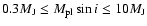 $0.3 M_{\rm J} \leq M_{\rm pl} \sin i \leq 10 M_{\rm J}$