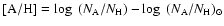 $[{\rm A/H}
]=\log~(N_{\rm A}/N_{\rm H})-\log~(N_{\rm A}/N_{\rm H})_\odot$