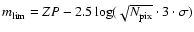 $m_{\rm lim}=ZP-2.5\log(\sqrt{N_{\rm pix}}\cdot 3\cdot\sigma)$