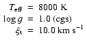 $
\begin{array}{r@{~=~}l}
{T}_{\rm eff} & 8000~{\rm K} \\
\log g & 1.0\ {\rm (cgs)} \\
\xi_{\rm t} & 10.0\ {\rm km~s}^{-1} \\
\end{array}$