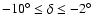 $-10^{\circ} \leq \delta \leq -2^{\circ}$