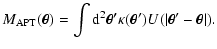 $\displaystyle M_{\rm APT}(\vec\theta) = \int{\rm d}^2\vec{\theta'}\kappa(\vec\theta')
U(\vert\vec\theta'-\vec\theta\vert).$
