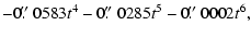 $\displaystyle - 0\hbox{$.\!\!^{\prime\prime}$ }0583t^4 - 0\hbox{$.\!\!^{\prime\prime}$ }0285t^5 - 0\hbox{$.\!\!^{\prime\prime}$ }0002t^6,$